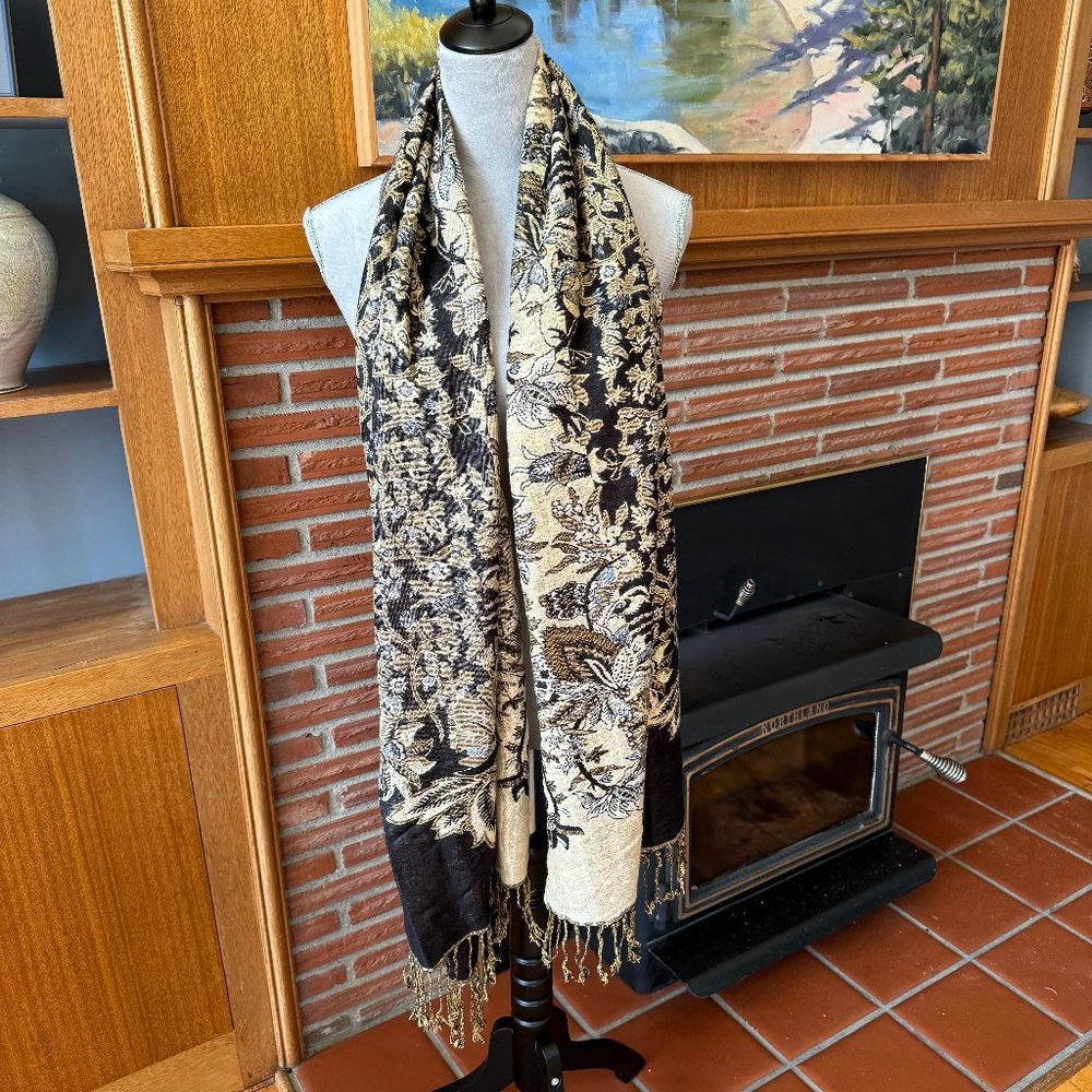 Shawl - 72" x 27" with 3" fringe - tan/black/blue - NWT
